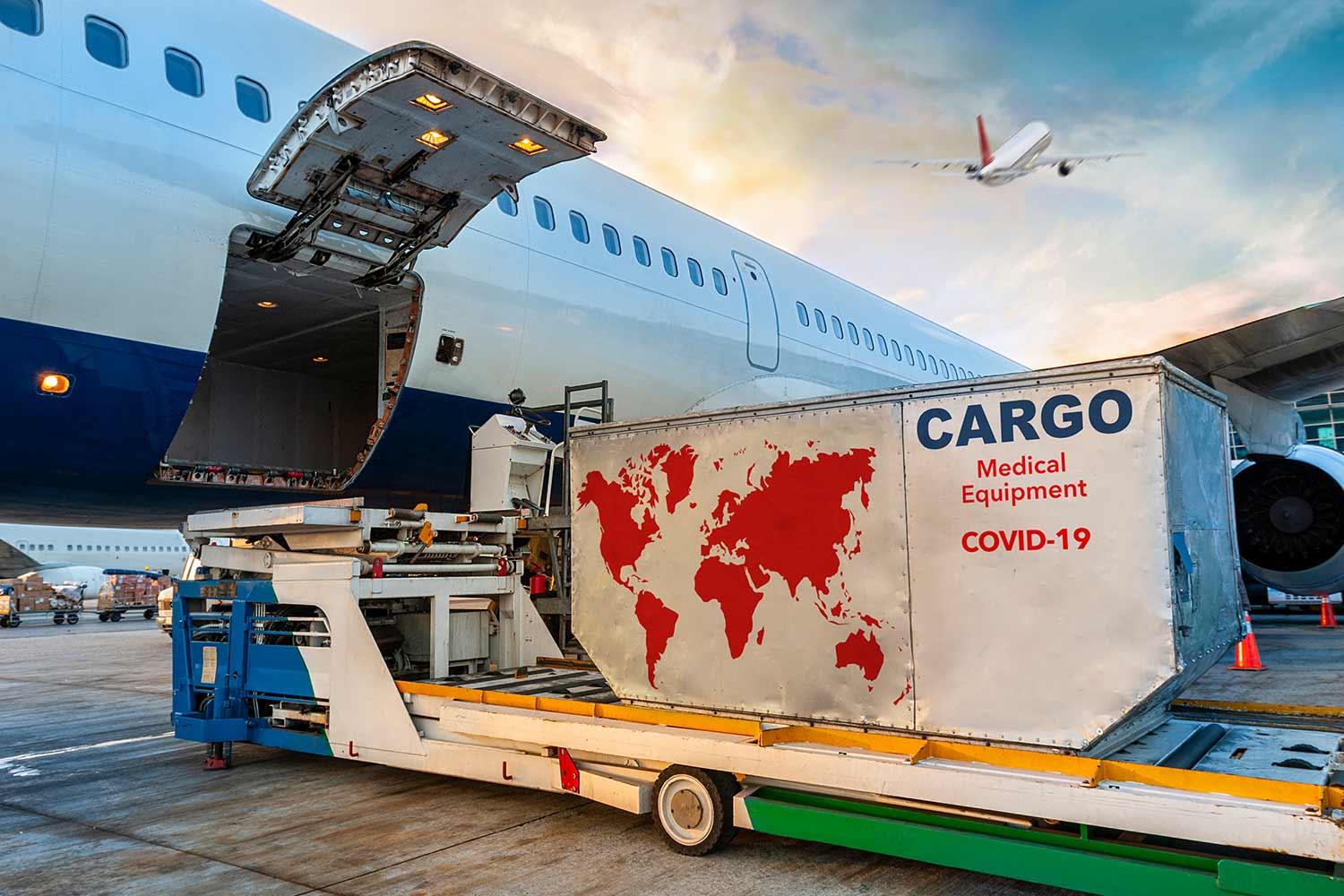 Medizincontainer wird aus Flugzeug gehoben
