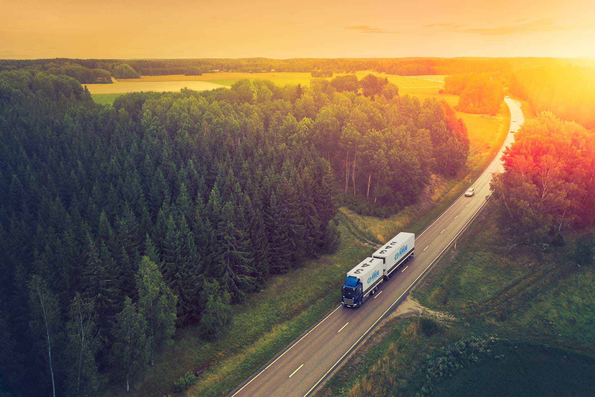 Lkw fährt durch Waldabschnitt