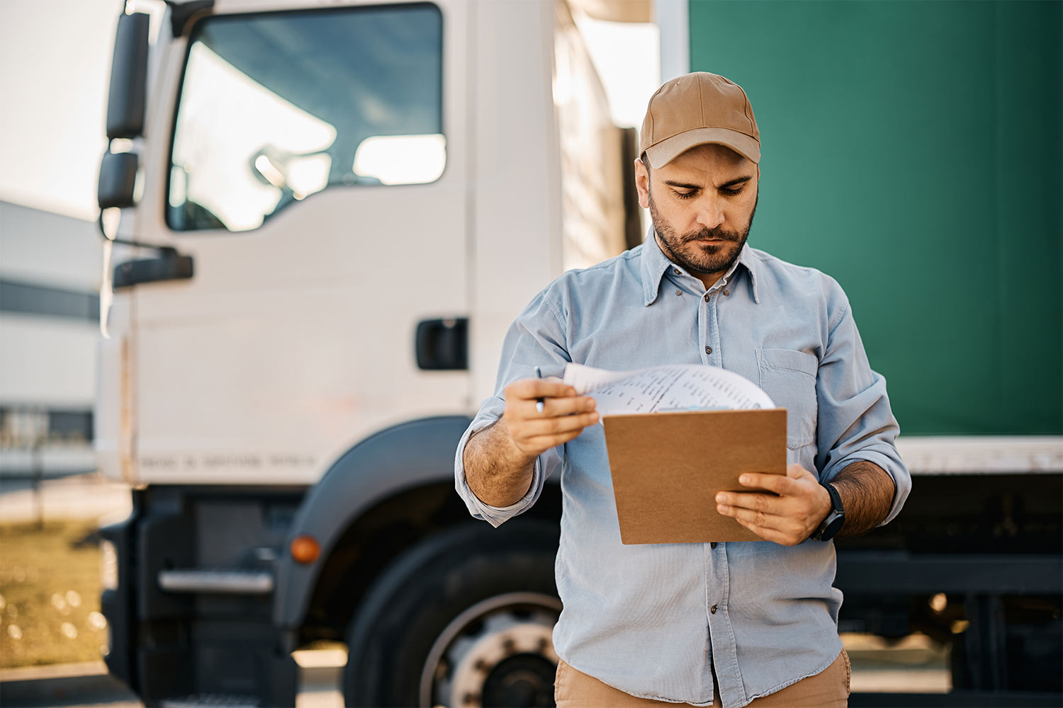 Trucker hällt Klemmbrett